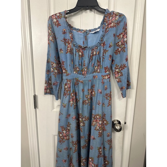 April Cornell Dresses & Skirts - April Cornell Blue Floral Maxi Dress Ruffle Neck 3/4 Sleeve Cottagecore Small